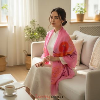 Khăn gai dài màu hồng sen vẽ tay hình phượng hoàng 70*190cm